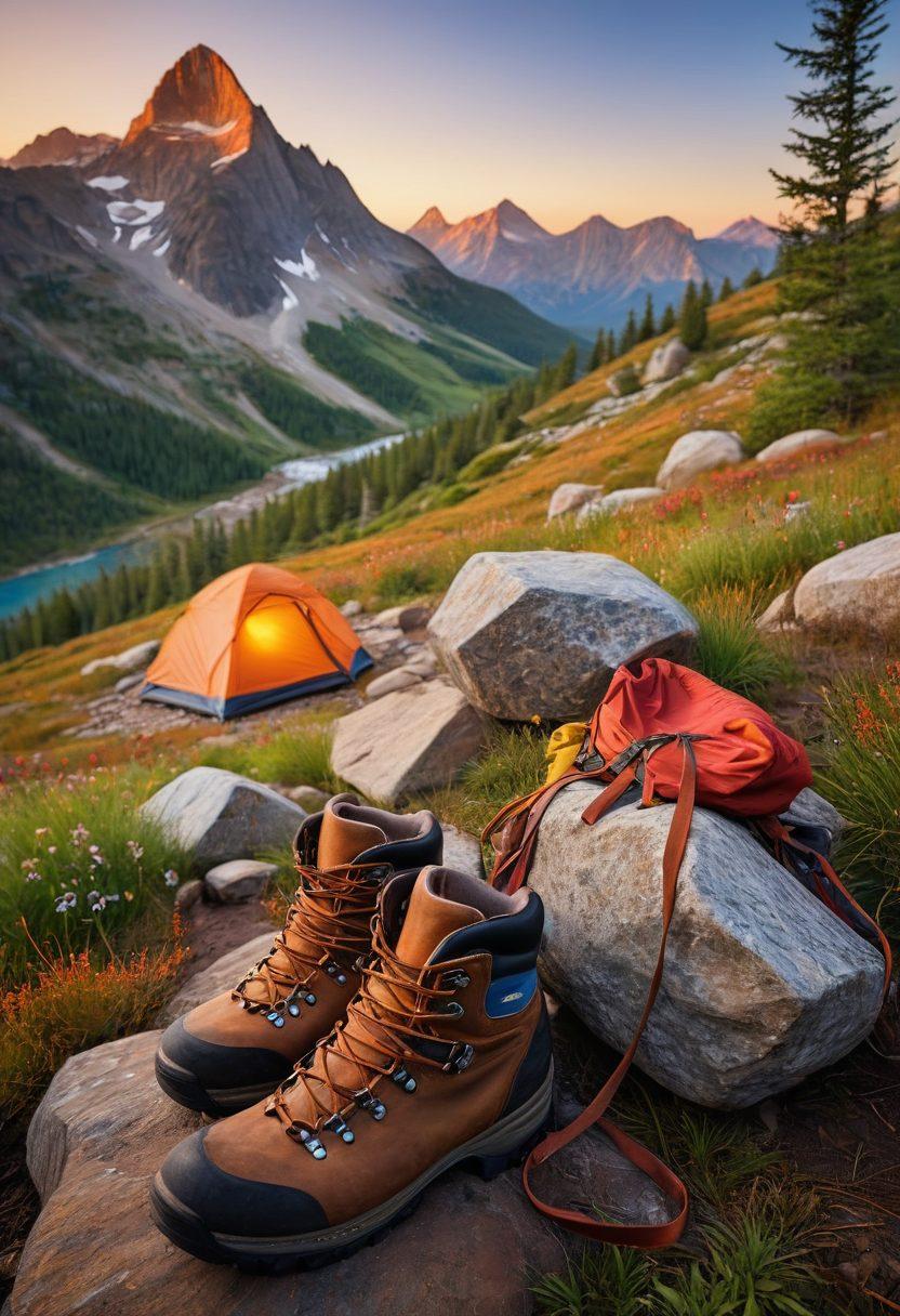 A breathtaking landscape featuring a rugged mountain range with a clear sky, showcasing diverse hiking and camping gear scattered around a cozy campsite. Include a colorful tent, a backpack loaded with essentials, a campfire with glowing embers, and a pair of hiking boots. In the background, a winding trail leads to soaring peaks with lush greenery. Render in vibrant colors for a lively, adventurous feel. super-realistic. vibrant colors.